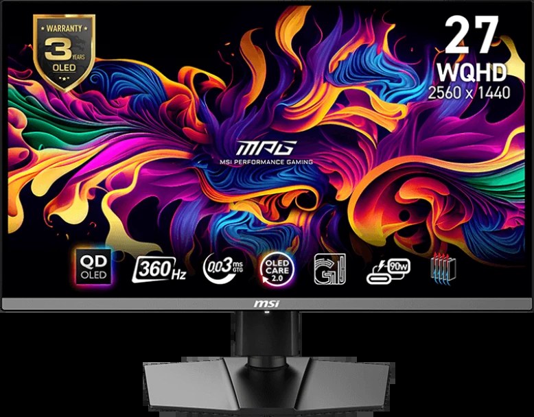 Монитор 27" MSI MPG 271QRX QD-OLED 2560x1440, 360 Гц, 0.03 мс, 16:9, 250 кд/м², 2xHDMI 2.1, DP 1.4, USB-C, 3.5 Jack, USB Hub (2x USB 2.0), HDR10, изогнутый экран (1000R), черный