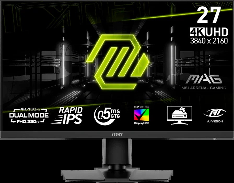 Монитор 27" MSI MAG 272URDF E16 IPS 3840x2160, 160 Гц, 0.5 мс, 16:9, 400 кд/м², 2xHDMI 2.1, DP 1.4, 3.5 Jack, USB Hub (2x USB 2.0), DisplayHDR 400, Adaptive-Sync, черный