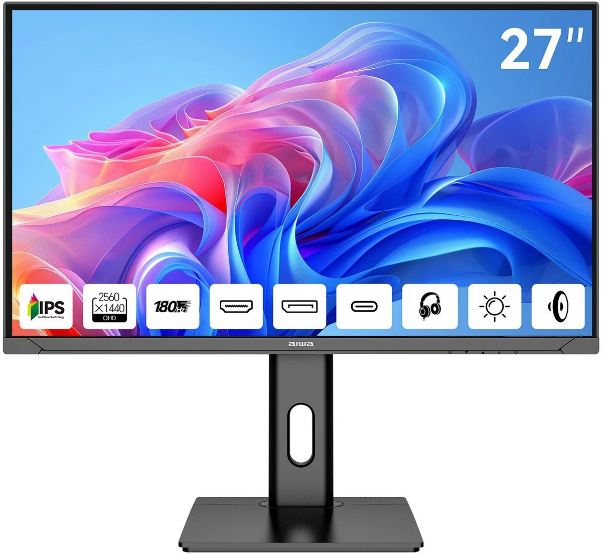 Монитор 27" Aiwa MD2714 IPS 2560x1440, 180 Гц, 1 мс, 16:9, 350 кд/м², HDMI 2.0, DP 1.4, USB-C (65 Вт), 3.5 Jack, USB Hub (2x USB), динамики (2x3 Вт), FreeSync, G-Sync, черный