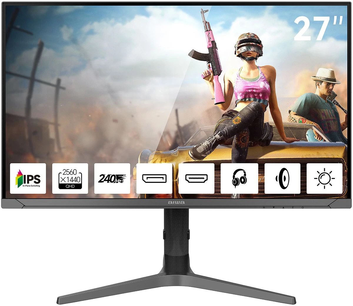Монитор 27" Aiwa MD2715 IPS 2560x1440, 240 Гц, 1 мс, 16:9, 350 кд/м², 2xHDMI 2.0, 2xDP 1.4, 3.5 Jack, динамики (2x3 Вт), FreeSync, G-Sync, черный