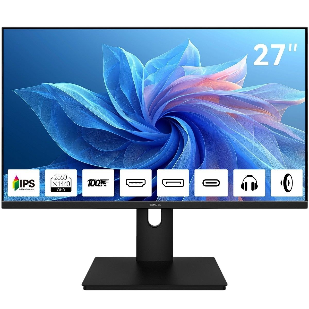 Монитор 27" Aiwa MQ271A IPS 2560x1440, 100 Гц, 4 мс, 16:9, 300 кд/м², HDMI 2.0, DP 1.2, USB-C (15 Вт), 3.5 Jack, динамики (2x3 Вт), FreeSync, G-Sync, черный