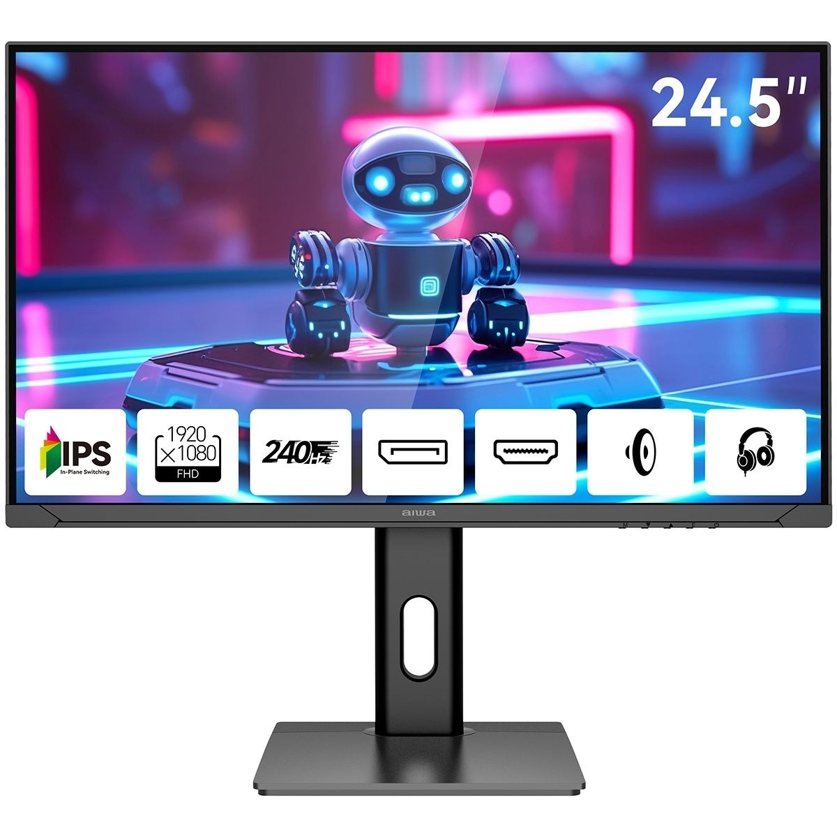 Монитор 24.5" Aiwa MD2510 IPS 1920x1080, 240 Гц, 1 мс, 16:9, 350 кд/м², 2xHDMI 2.0, 2xDP 1.2, 3.5 Jack, динамики (2x3 Вт), FreeSync, G-Sync, черный