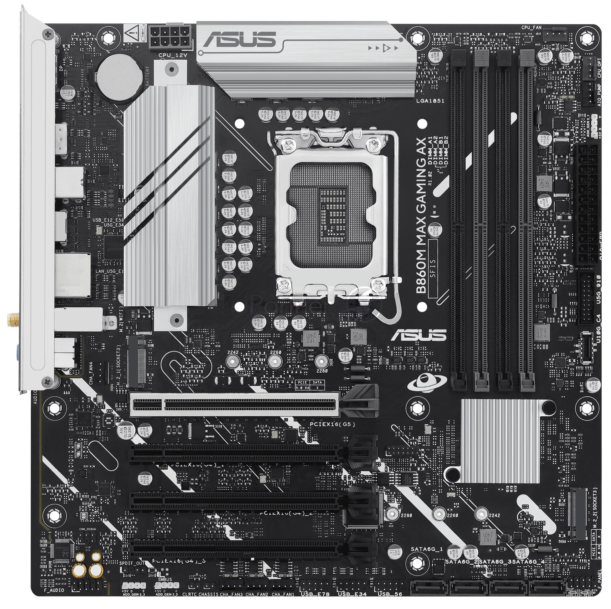 Материнская плата ASUS B860M MAX GAMING AX, LGA 1851, Intel B860, 4xDDR5, 4xSATA, 3xM.2, 1xPCIe 5.0 x16, DisplayPort, USB Type-C, 1x2.5Gb LAN, Wi-Fi 6, Bluetooth, 3x3.5 мм, 7.1, microATX