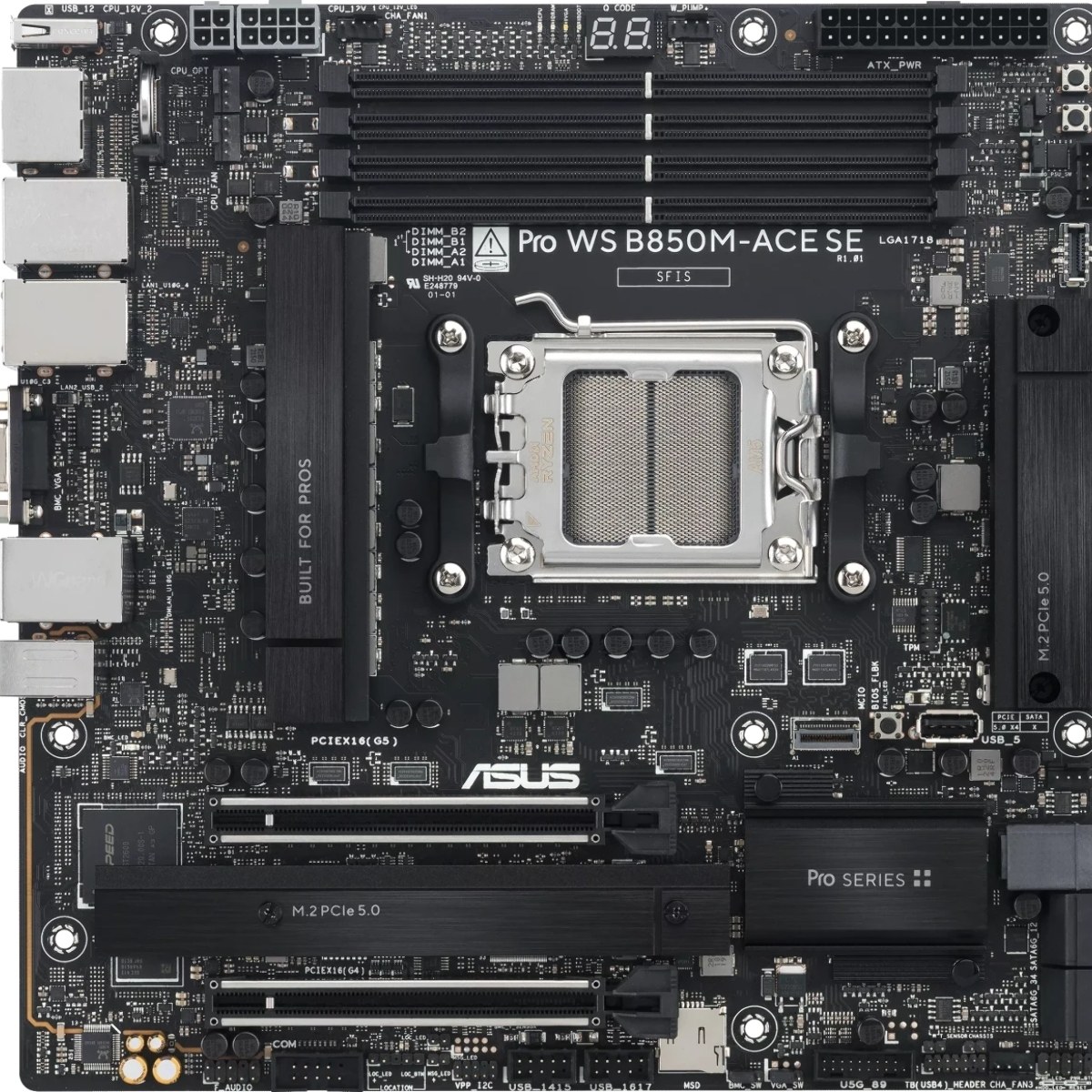 Материнская плата ASUS PRO WS B850M-ACE SE, AM5, AMD B850, 4xDDR5, 4xSATA, 2xM.2, 1xPCIe 5.0 x16, 1xPCIe 4.0 x16, 1xVGA, 1xHDMI, 1xDP, 1x2.5Gb LAN, 1x10Gb LAN, 2xUSB-C 10Gbps, 3xUSB-A 10Gbps, 2xUSB-A 2.0, 7.1, mATX