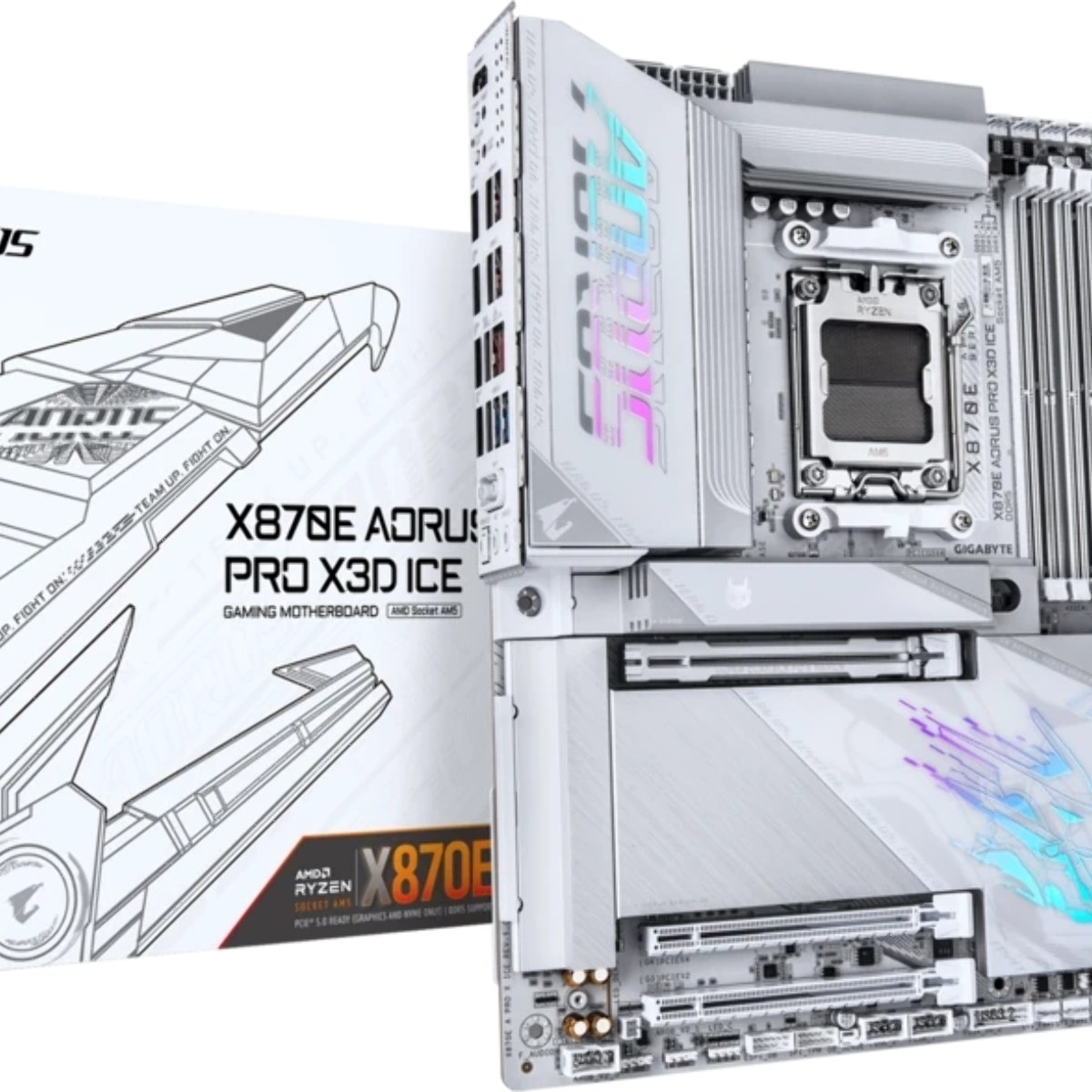 Материнская плата Gigabyte X870E AORUS PRO X3D ICE, AM5, AMD X870E, 4xDDR5, 4xSATA, 4xM.2, 1xPCIe 5.0 x16, 1xPCIe 4.0 x16, 1xPCIe 3.0 x16, 1xHDMI, 1x5Gb LAN, Wi-Fi 7, Bluetooth 5.4, 2xUSB-C 40Gbps (USB4), 2xUSB-C 10Gbps, 5xUSB-A 10Gbps, 3xUSB-A 5Gbps, 3x3.5 мм + S/PDIF оптический, 7.1, белый, ATX