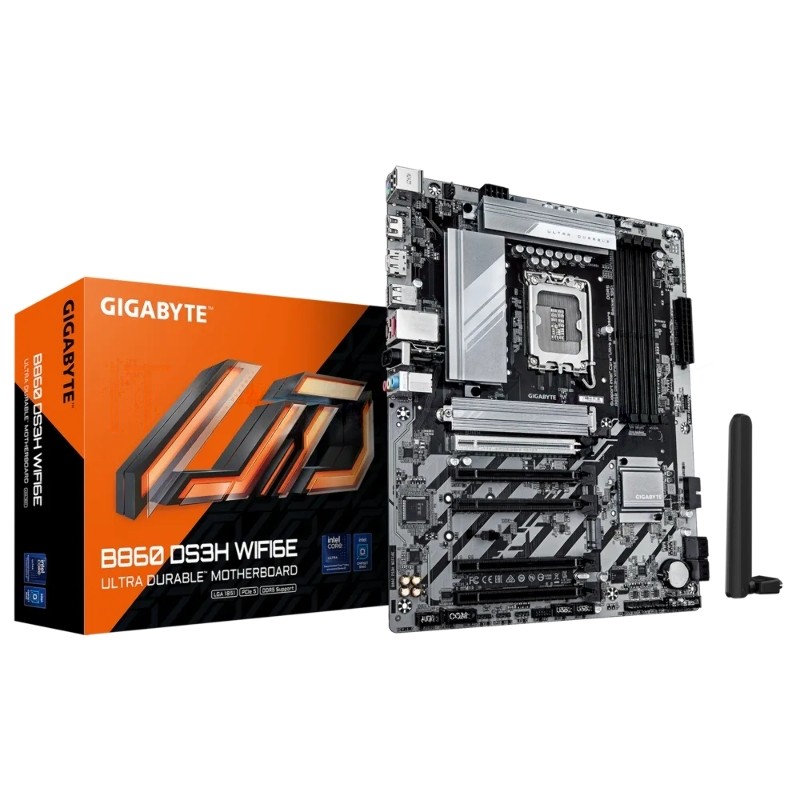 Материнская плата GIGABYTE B860 DS3H WIFI6E, LGA1851, Intel B860, 4xDDR5, 4xSATA, 2xM.2, 1xPCIe 5.0 x16, DisplayPort, HDMI, 1x2.5Gb LAN, 3x3.5 мм, 7.1, ATX