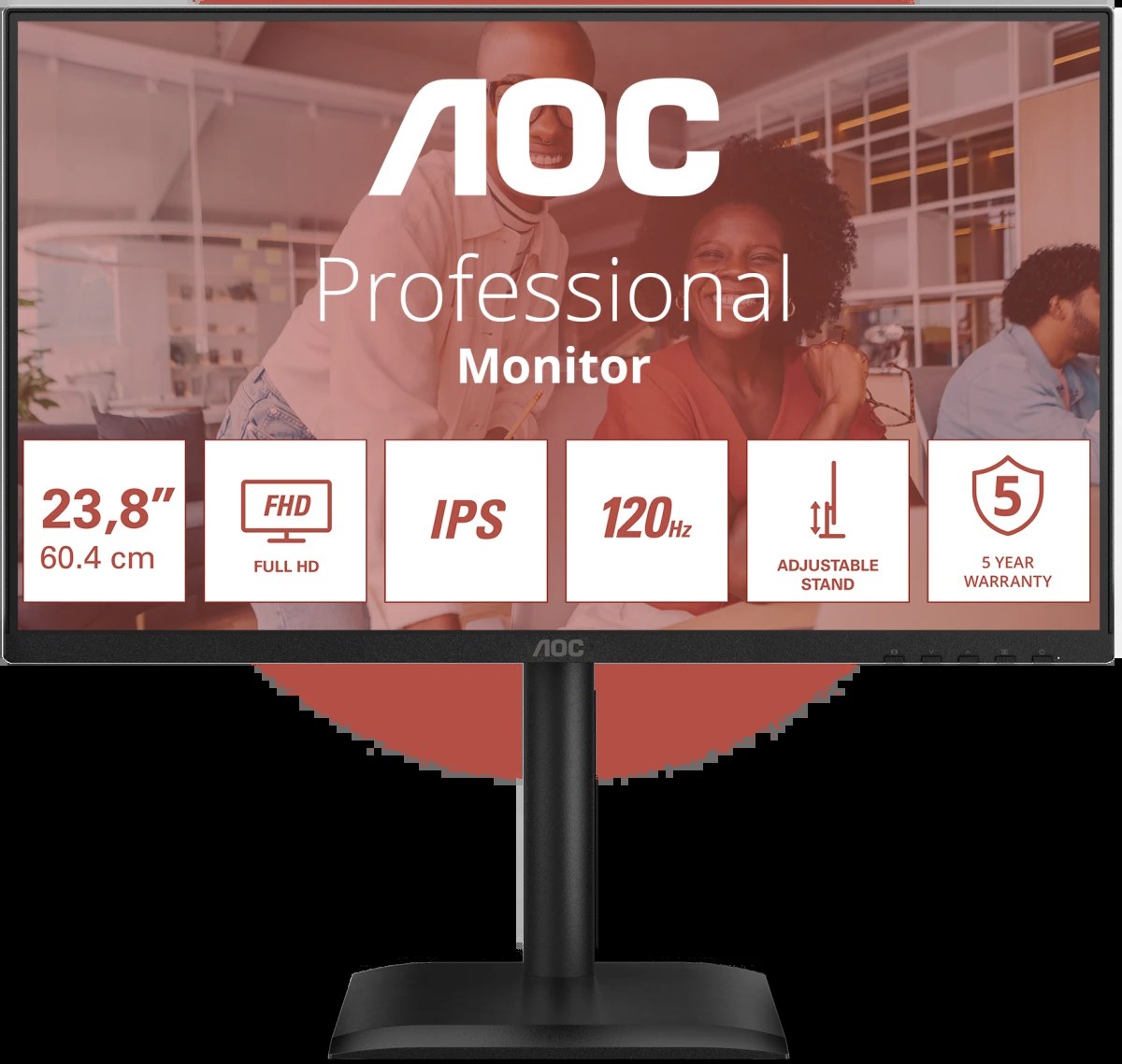Монитор 23.8" AOC 24E4U IPS 1920x1080, 120 Гц, 4 мс, 16:9, 300 кд/м², HDMI 1.4, DP 1.2, VGA, USB-C, USB Hub (5x USB 3.2, вкл. USB-B), 3.5 Jack, динамики (2x2 Вт), HDR10, Adaptive-Sync, черный