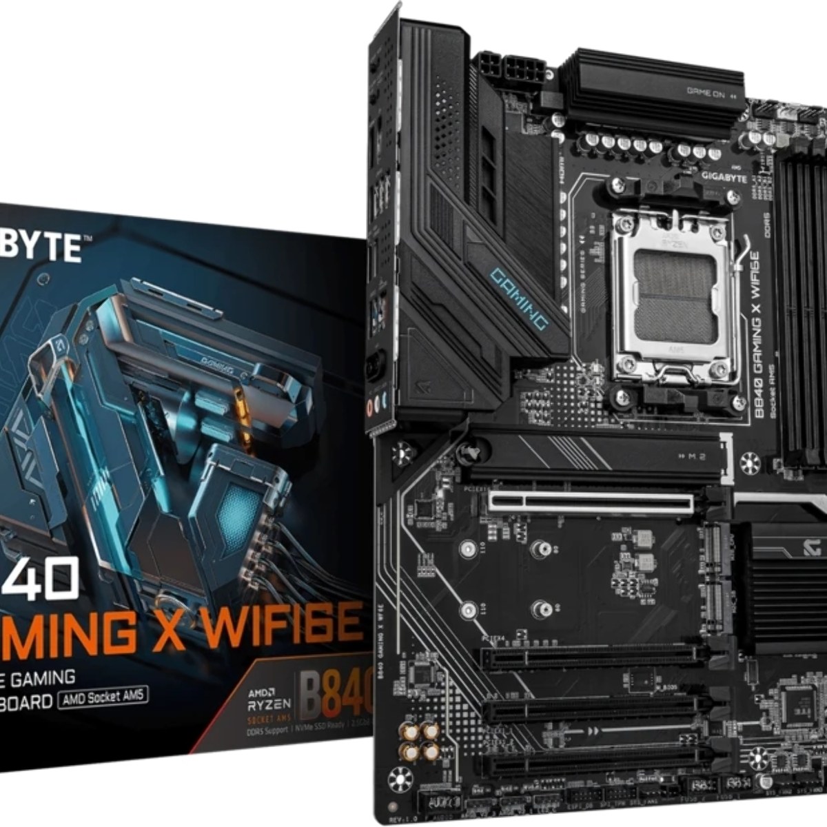 Материнская плата Gigabyte B840 GAMING X WIFI6E, AM5, AMD B840, 4xDDR5, 4xSATA, 3xM.2, 1xPCIe 4.0 x16, 3xPCIe 3.0 x16, 1xHDMI, 1xDP, 1x2.5Gb LAN, Wi-Fi 6E, Bluetooth 5.3, 1xUSB-C 10Gbps, 1xUSB-A 10Gbps, 2xUSB-A 5Gbps, 4xUSB-A 2.0, 3x3.5 мм, 7.1, ATX