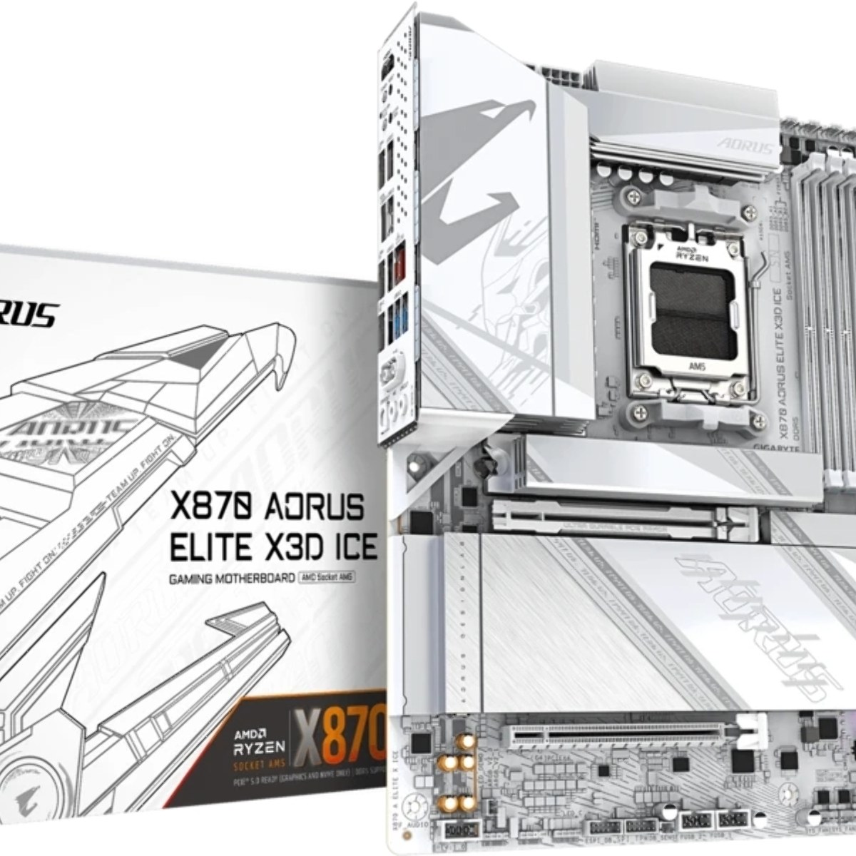 Материнская плата Gigabyte X870 AORUS ELITE X3D ICE, AM5, AMD X870, 4xDDR5, 2xSATA, 4xM.2, 1xPCIe 5.0 x16, 1xPCIe 4.0 x16, 1xHDMI, 1x5Gb LAN, Wi-Fi 7, Bluetooth 5.4, 2xUSB-C 40Gbps (USB4), 1xUSB-C 10Gbps, 2xUSB-A 10Gbps, 4xUSB-A 5Gbps, 1xUSB-A 2.0, 3x3.5 мм + S/PDIF оптический, 7.1, ATX