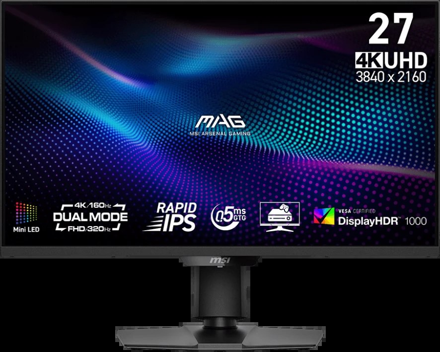 Монитор 27" MSI MAG 274UPDF E16M Rapid IPS 3840x2160, 160 Гц, 0.5 мс, 16:9, 400 кд/м², 2xHDMI 2.1, DP 1.4a, USB-C (15 Вт), 3.5 Jack, HDR10, Adaptive-Sync, черный
