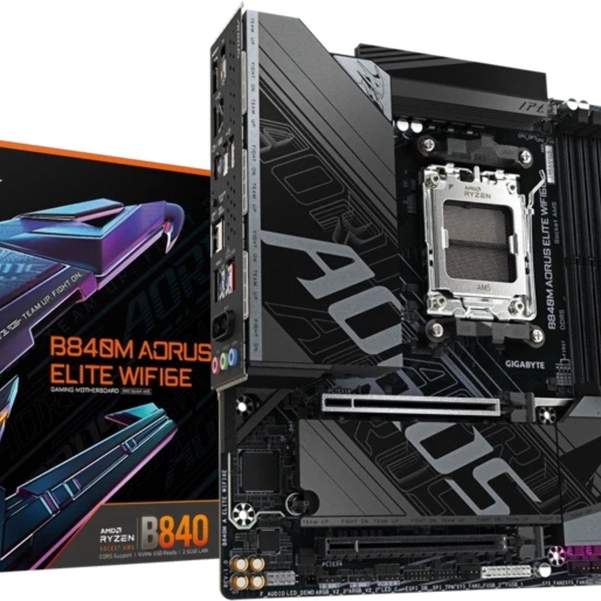 Материнская плата Gigabyte B840M AORUS ELITE WIFI6E, AM5, AMD B840, 4xDDR5, 4xSATA, 2xM.2, 1xPCIe 4.0 x16, 1xPCIe 3.0 x16, 1xHDMI, 1xDP, 1x2.5Gb LAN, Wi-Fi 6E, Bluetooth 5.3, 1xUSB-C 10Gbps, 1xUSB-C 5Gbps, 2xUSB-A 10Gbps, 2xUSB-A 5Gbps, 4xUSB-A 2.0, 1xPS/2, 3x3.5 мм, 7.1, mATX