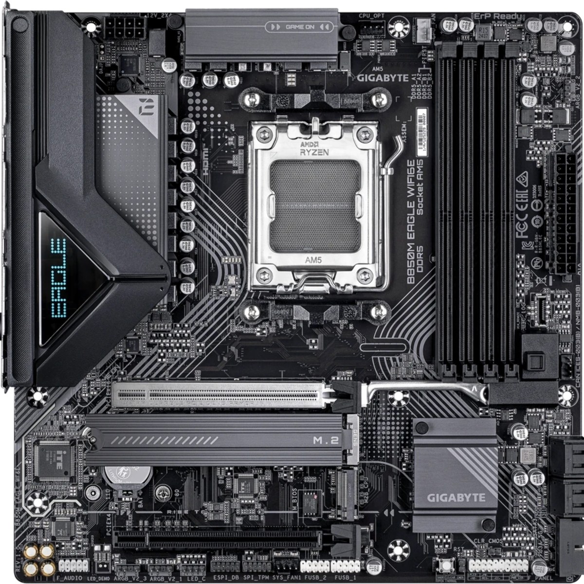 Материнская плата Gigabyte B850M EAGLE WIFI6E, AM5, AMD B850, 4xDDR5, 4xSATA, 2xM.2, 1xPCIe 5.0 x16, 1xPCIe 3.0 x16, 1xHDMI, 2xDP, 1x2.5Gb LAN, Wi-Fi 6E, Bluetooth 5.3, 1xUSB-C 10Gbps, 2xUSB-A 10Gbps, 2xUSB-A 5Gbps, 4xUSB-A 2.0, 1xPS/2, 3x3.5 мм, 7.1, mATX