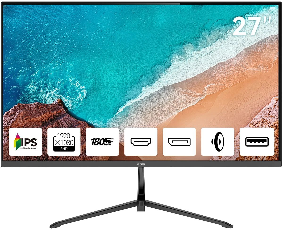 Монитор 27" Aiwa MD2712 IPS 1920x1080, 180 Гц, 1 мс, 16:9, 300 кд/м², 2xHDMI 2.0, DP 1.2, 3.5 Jack, USB Hub (1x USB), динамики (2x2 Вт), HDR10, FreeSync, G-Sync, черный