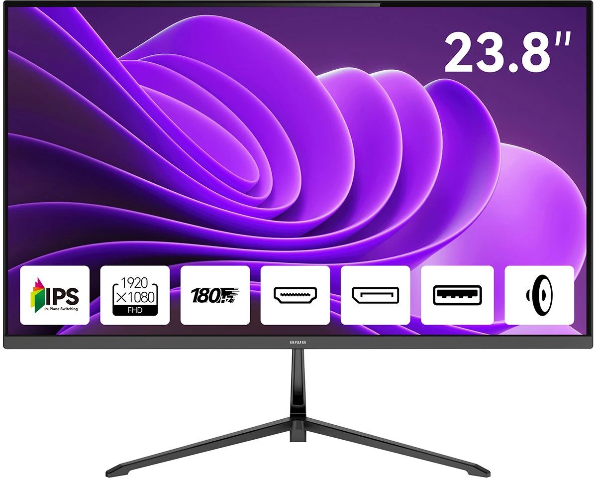 Монитор 23.8" Aiwa MD2410 IPS 1920x1080, 180 Гц, 1 мс, 16:9, 300 кд/м², 2xHDMI 2.0, DP, 3.5 Jack, динамики (2x2 Вт), HDR10, FreeSync, G-Sync Compatible, черный