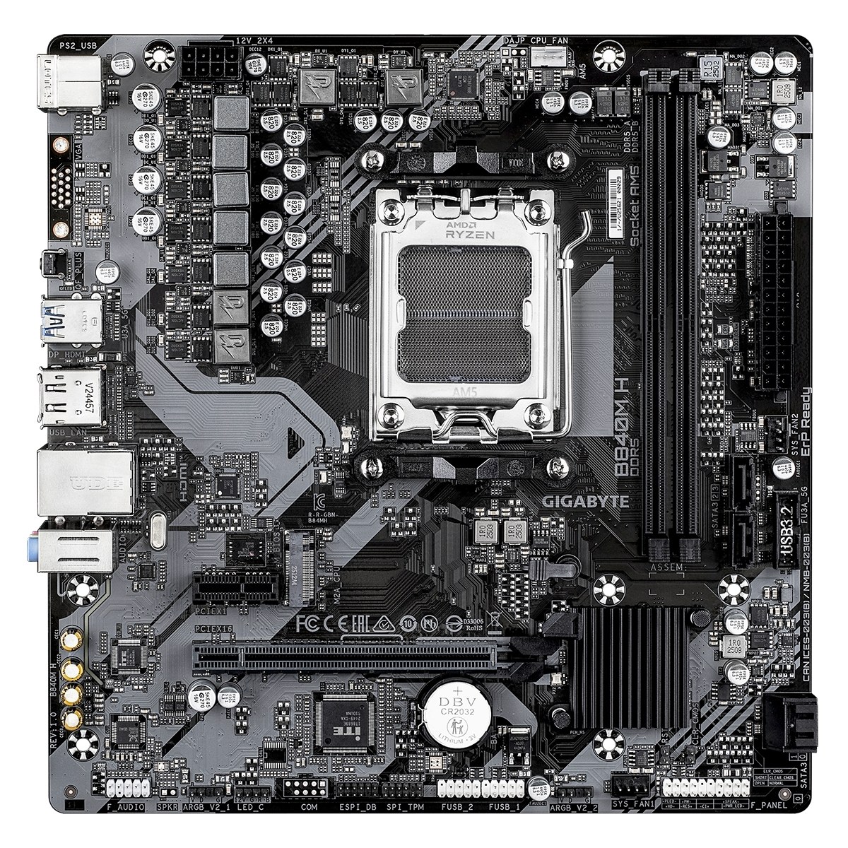 Материнская плата Gigabyte B840M-H, AM5, AMD B840, 2xDDR5, 4xSATA, 1xM.2, 1xPCIe 4.0 x16, 1xPCIe x1, 1xHDMI, 1xDP, 1x1Gb LAN, 1xUSB-A 10Gbps, 1xUSB-A 5Gbps, 4xUSB-A 2.0, 1xPS/2, 3x3.5 мм, 7.1, mATX