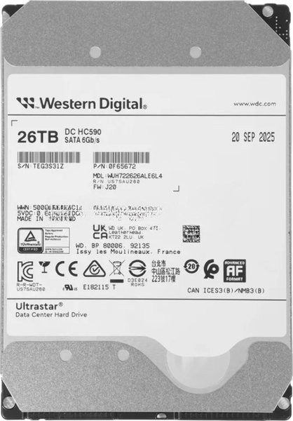 Жесткий диск серверный WD Ultrastar DC HC590 26TB WUH722626ALE6L4 (SATA 3.5" 7200 512Mb 6Gbs)