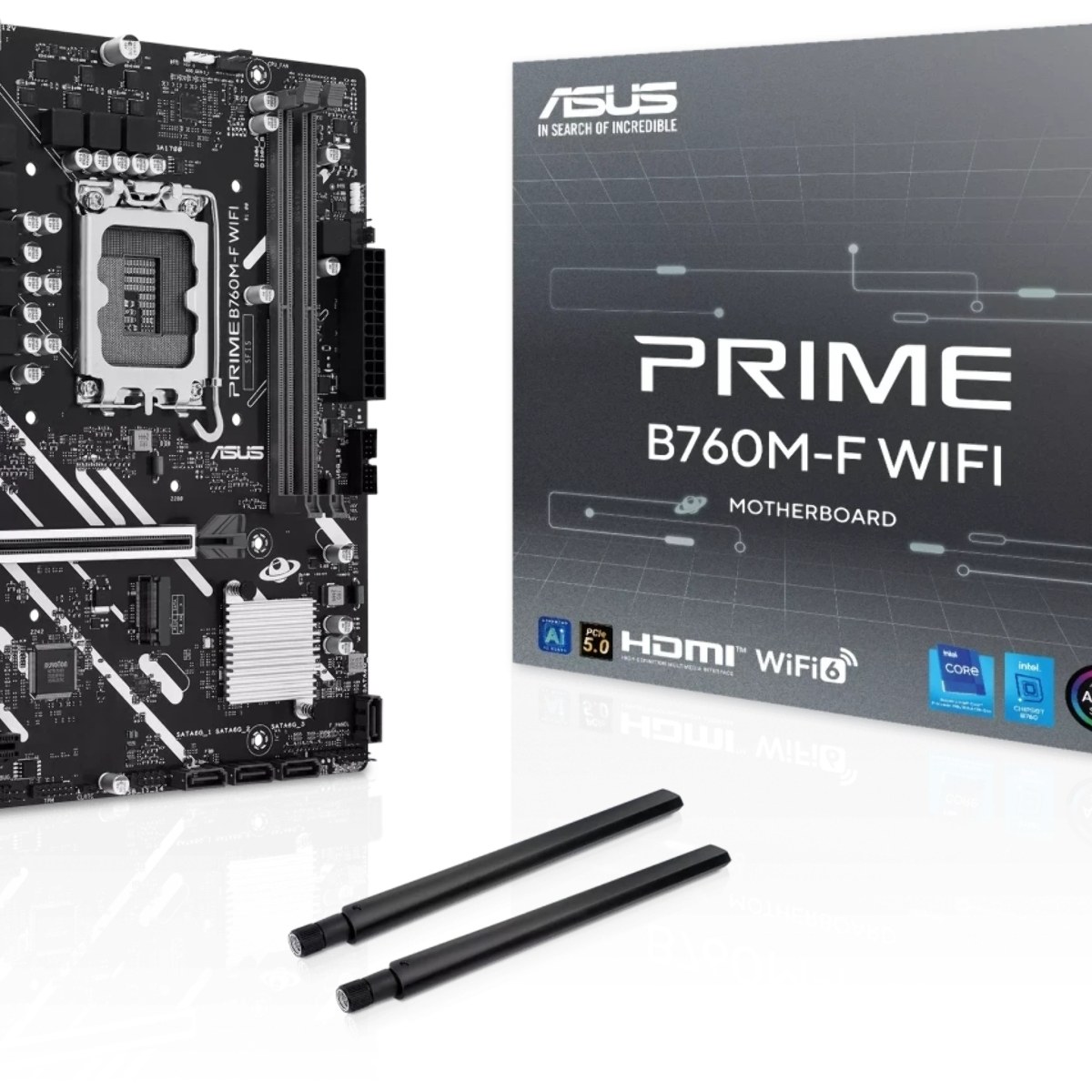 Материнская плата ASUS PRIME B760M-F WIFI, LGA 1700, Intel B760, 2xDDR5, 4xSATA, 2xM.2, 1xPCIe 5.0 x16, 1xPCIe 3.0 x1, 1xHDMI, 1xDP, 1x1Gb LAN, Wi-Fi 6, Bluetooth 5.3, 4xUSB-A 5Gbps, 2xUSB-A 2.0, 3x3.5 мм, 7.1, mATX