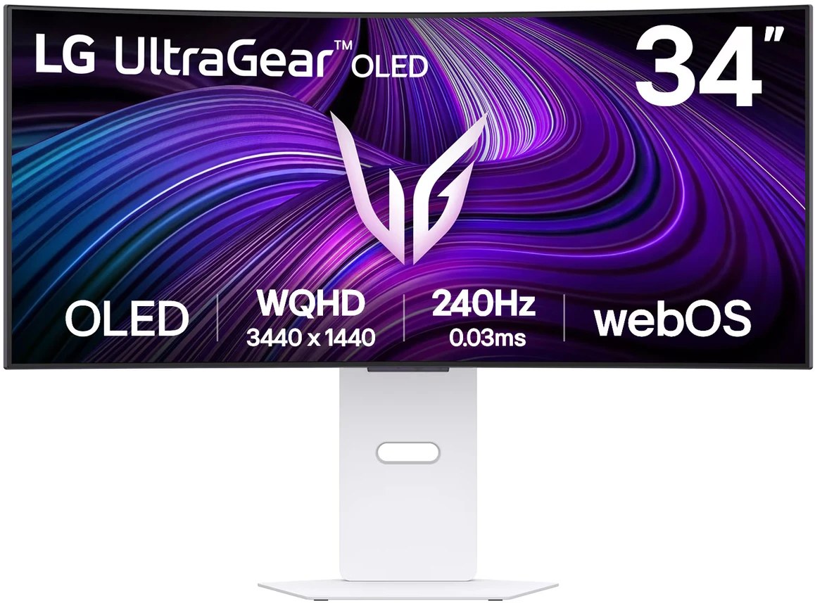 Монитор 34" LG UltraGear 34GX90SA-W OLED 3440x1440, 240 Гц, 0.03 мс, 21:9, 1300 кд/м² (пиковая), 2×HDMI 2.1, DP 1.4, USB-C (65 Вт PD), USB Hub, 3.5 Jack, динамики (2×7 Вт), DisplayHDR True Black 400, FreeSync Premium, G-Sync Compatible, изогнутый (800R), белый