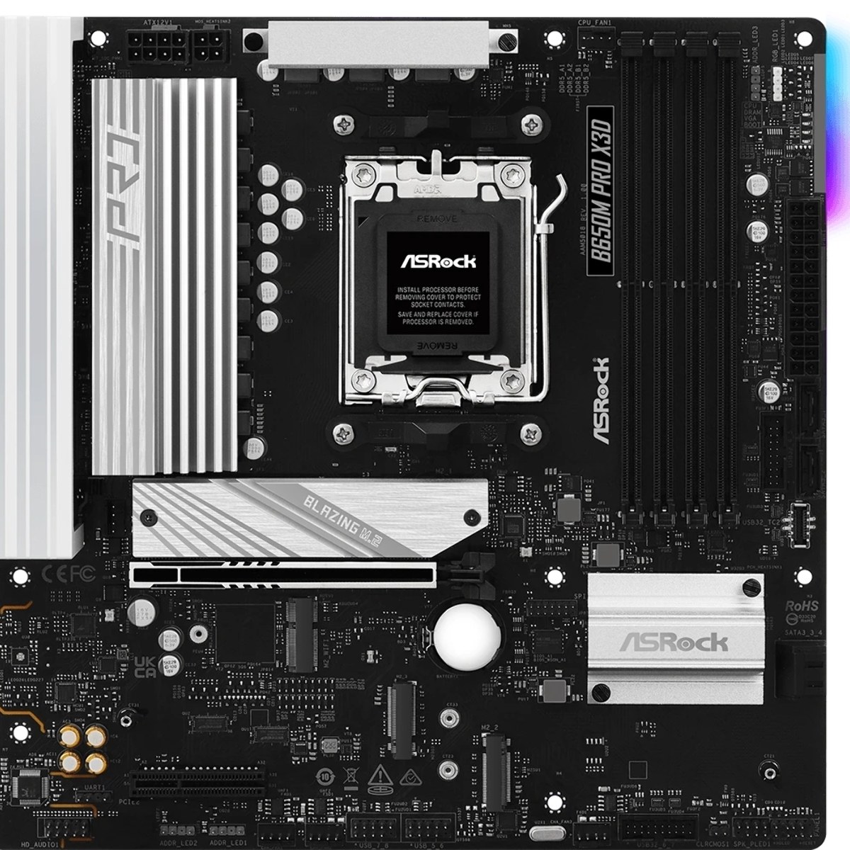 Материнская плата ASRock B650M Pro X3D, AM5, AMD B650, 4xDDR5, 4xSATA, 3xM.2, 1xPCIe 5.0 x16, 1xPCIe 4.0 x4, 1xHDMI, 1xDP, 1x2.5Gb LAN, 1xUSB-C 10Gbps, 1xUSB-A 10Gbps, 2xUSB-A 5Gbps, 4xUSB-A 2.0, 3x3.5 мм, 7.1, mATX