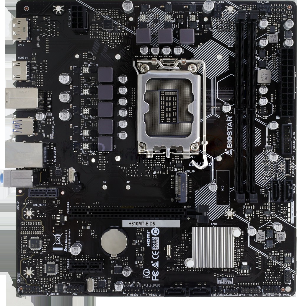 Материнская плата Biostar H610MT-E D5, LGA1700, Intel H610, 2xDDR5, 4xSATA, 1xM.2, 1xPCIe 4.0 x16, DisplayPort, HDMI, 1x1Gb LAN, 3x3.5 мм, 7.1, microATX