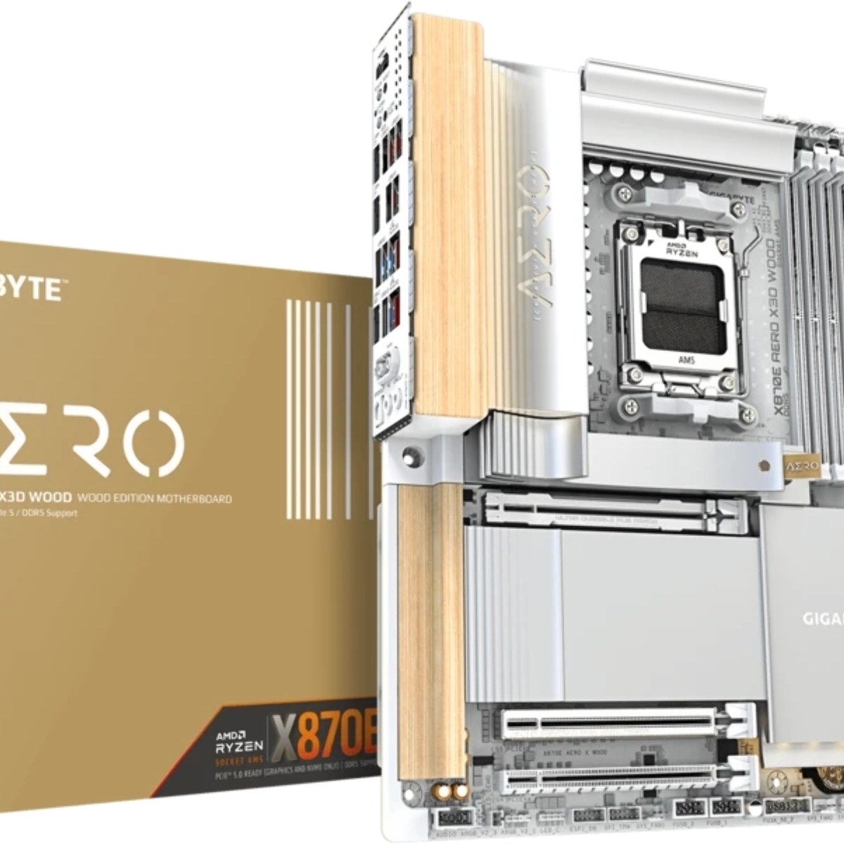 Материнская плата Gigabyte X870E AERO X3D WOOD, AM5, AMD X870E, 4xDDR5, 4xSATA, 4xM.2, 2xPCIe 5.0 x16, 1xPCIe 4.0 x16, 1xHDMI, 2x5Gb LAN, Wi-Fi 7, Bluetooth 5.4, 2xUSB-C 40Gbps (USB4), 1xUSB-C 20Gbps, 5xUSB-A 10Gbps, 3xUSB-A 5Gbps, 3x3.5 мм + S/PDIF оптический, 7.1, вставки из дерева, ATX