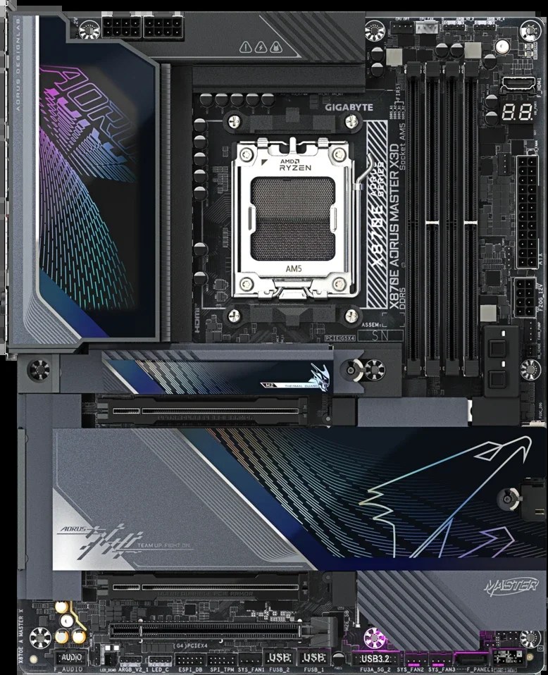Материнская плата Gigabyte X870E AORUS MASTER X3D, AM5, AMD X870E, 4xDDR5, 2xSATA, 5xM.2 (2xPCIe 5.0 x4, 3xPCIe 4.0), 1xPCIe 5.0 x16, 1xPCIe 5.0 x16 (x8), 1xPCIe 4.0 x16 (x4), 1xHDMI, 2xUSB4 (40Gbps), 2xThunderbolt 4, 1xUSB 3.2 Gen 2x2 (20Gbps), 8xUSB 3.2 Gen 2 (10Gbps), 3x3.5 мм, 7.1, ATX