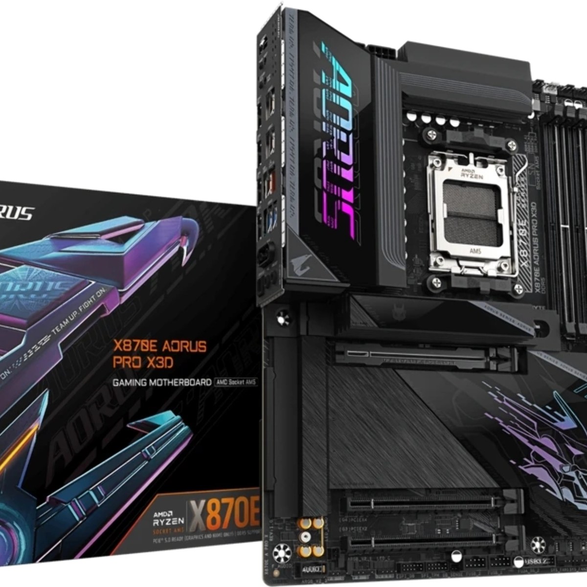 Материнская плата Gigabyte X870E AORUS PRO X3D, AM5, AMD X870E, 4xDDR5, 4xSATA, 4xM.2, 1xPCIe 5.0 x16, 1xPCIe 4.0 x16, 1xPCIe 3.0 x16, 1xHDMI, 1x5Gb LAN, Wi-Fi 7, Bluetooth 5.4, 2xUSB-C 40Gbps (USB4), 2xUSB-C 10Gbps, 5xUSB-A 10Gbps, 3xUSB-A 5Gbps, 3x3.5 мм + S/PDIF оптический, 7.1, чёрный, ATX
