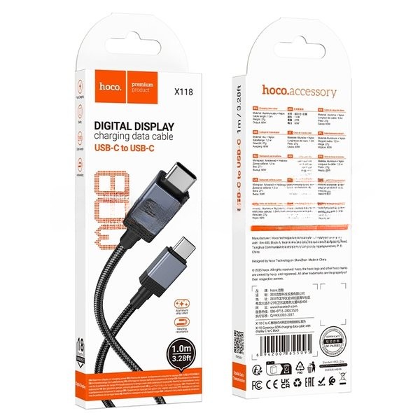 Кабель USB2.0 Hoco Type-C/Type-C, 3А, 60Вт, с дисплеем, X118, 1м, черный, коробка