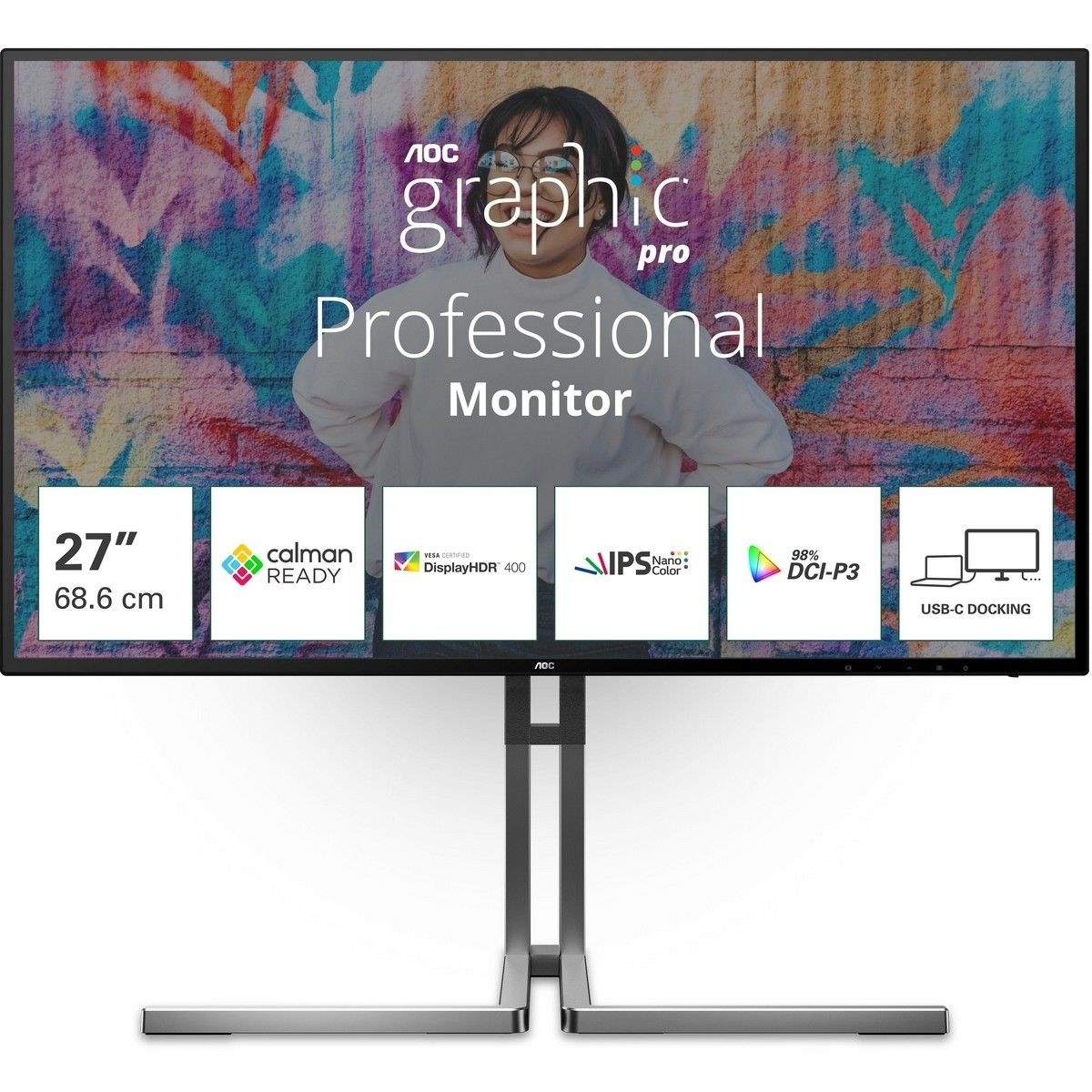 Монитор 27" AOC U27U3CV Nano IPS 3840x2160, 60 Гц (75 Гц макс.), 4 мс, 16:9, 400 кд/м², 2×HDMI 2.0, DP 1.4, USB-C (96 Вт PD), USB Hub (4×USB 3.2 Gen2 + 1×USB-C), RJ-45, 3.5 Jack, динамики (2×3 Вт), DisplayHDR 400, Adaptive-Sync, KVM, черный