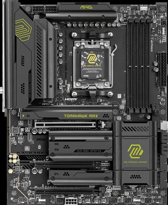 Материнская плата MSI MAG B850 TOMAHAWK WIFI, AM5, AMD B850, 4xDDR5, 4xSATA, 3xM.2, 1xPCIe 5.0 x16, 1xPCIe 4.0 x16, 1xPCIe x1, 1xHDMI, 1xDP, 1x5Gb LAN, Wi-Fi 7, Bluetooth 5.4, 1xUSB-C 20Gbps, 1xUSB-C 10Gbps, 2xUSB-A 10Gbps, 2xUSB-A 5Gbps, 4xUSB-A 2.0, 3x3.5 мм + S/PDIF оптический, 7.1, чёрный, ATX
