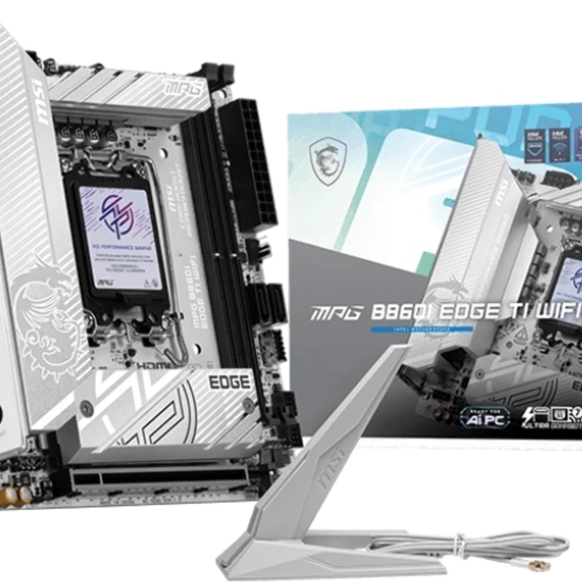 Материнская плата MSI MPG B860I EDGE TI WIFI, LGA 1851, Intel B860, 2xDDR5 (до 128 ГБ), 2xSATA, 2xM.2 (1xPCIe 5.0, 1xPCIe 4.0/SATA), 1xPCIe 5.0 x16, 1xHDMI, 1x5Gb LAN, Wi-Fi 7, Bluetooth 5.4, 1xUSB-C 40Gbps (Thunderbolt 4), 1xUSB-C 10Gbps, 1xUSB-A 10Gbps, 4xUSB-A 5Gbps, 2xUSB-A 2.0, 3x3.5 мм + S/PDI