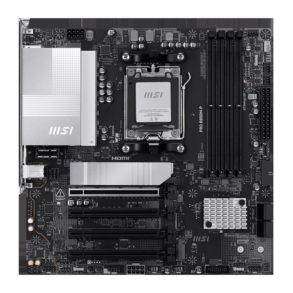 Материнская плата MSI PRO B850M-P, AM5, AMD B850, 4xDDR5, 4xSATA, 3xM.2, 1xPCIe 5.0 x16, 3xPCIe 3.0 x16, 1xHDMI, 1xDP, 1x5Gb LAN, 1xUSB-C 10Gbps, 1xUSB-A 10Gbps, 2xUSB-A 5Gbps, 4xUSB-A 2.0, 3x3.5 мм, 7.1, чёрный, mATX