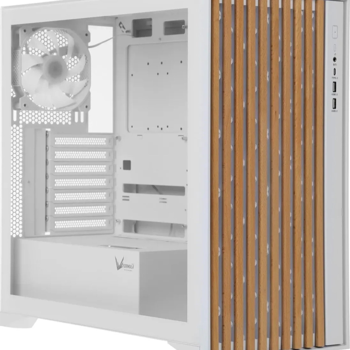 Корпус Formula V Line TimberLine T0 White, ATX, wood+plastic front, TYPE-C*1, USB3.0*2, FRONT 3x120мм FRGB, REAR 1x120мм FRGB