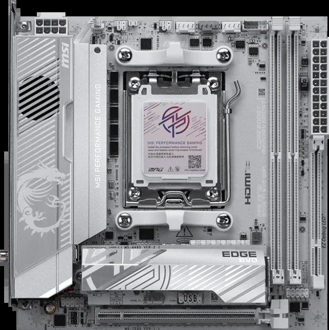 Материнская плата MSI MPG X870I EDGE TI EVO WIFI, AM5, AMD X870, 2xDDR5 (до 128 ГБ), 2xSATA, 3xM.2 (1xPCIe 5.0, 2xPCIe 4.0), 1xPCIe 5.0 x16, 1xHDMI, 1x5Gb LAN, Wi-Fi 7, Bluetooth 5.4, 2xUSB-C 40Gbps (USB4), 1xUSB-C 10Gbps, 5xUSB-A 10Gbps, 3x3.5 мм + S/PDIF оптический, 7.1, белый/серебристый, Mini-IT