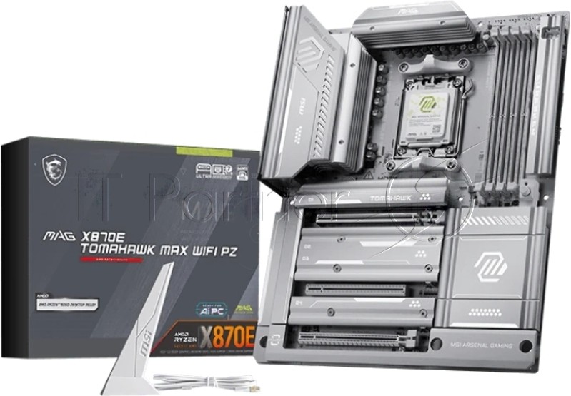 Материнская плата MSI MAG X870E TOMAHAWK MAX WIFI PZ, AM5, AMD X870E, 4xDDR5 (до 256 ГБ), 4xSATA, 4xM.2 (2xPCIe 5.0, 2xPCIe 4.0), 1xPCIe 5.0 x16, 1xPCIe 4.0 x16, 1xPCIe 3.0 x16, 1xHDMI, 1x5Gb LAN, Wi-Fi 7, Bluetooth 5.4, 2xUSB-C 40Gbps (USB4), 1xUSB-C 10Gbps, 2xUSB-A 10Gbps, 3xUSB-A 5Gbps, 4xUSB-A 2