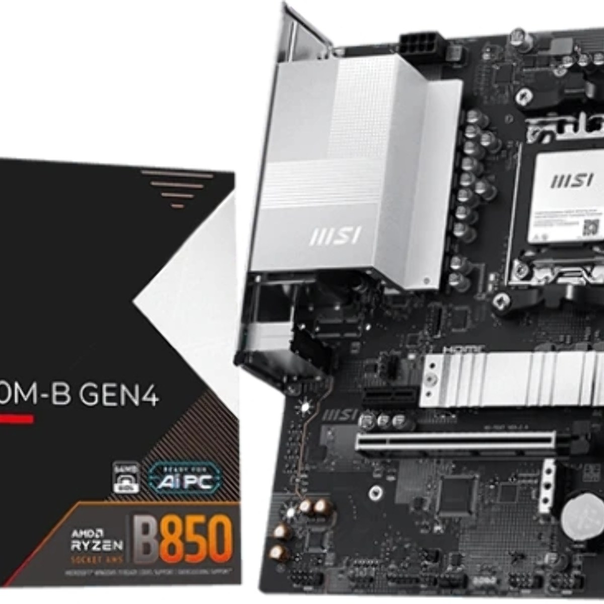 Материнская плата MSI PRO B850M-B GEN4, AM5, AMD B850, 2xDDR5 (до 128 ГБ), 4xSATA, 2xM.2 (1xPCIe 5.0, 1xPCIe 4.0), 1xPCIe 4.0 x16, 1xPCIe x1, 1xHDMI, 1xDP, 1x2.5Gb LAN, 1xUSB-C 5Gbps, 3xUSB-A 5Gbps, 2xUSB-A 2.0, 3x3.5 мм, 7.1, чёрный/серебристый, mATX
