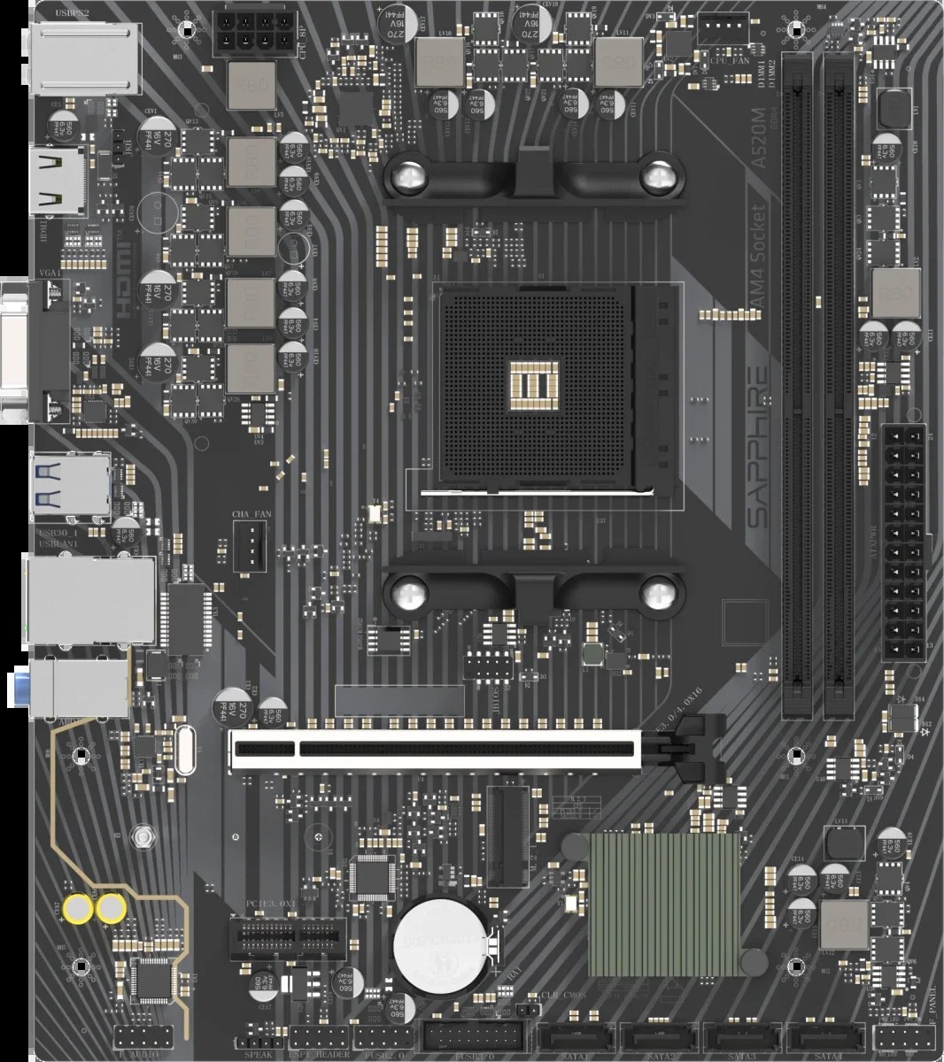 Материнская плата Sapphire A520M-E A520, AM4, 2*DDR4, 1*PCIEx16, 1*PCIEx1, 1*M.2, 6*USB3.2Gen1, 4*USB2.0, 4*SATA3.0, 1G, HDMI, M-ATX, RTL