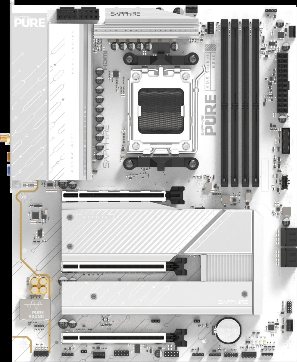 Материнская плата Sapphire B850A PURE WIFI7, AM5, AMD B850, 4xDDR5, 4xSATA, 3xM.2, 3xPCIe x16, DisplayPort, HDMI, 1x2.5Gb LAN, USB Type-C, 3x3.5 мм, 7.1, ATX