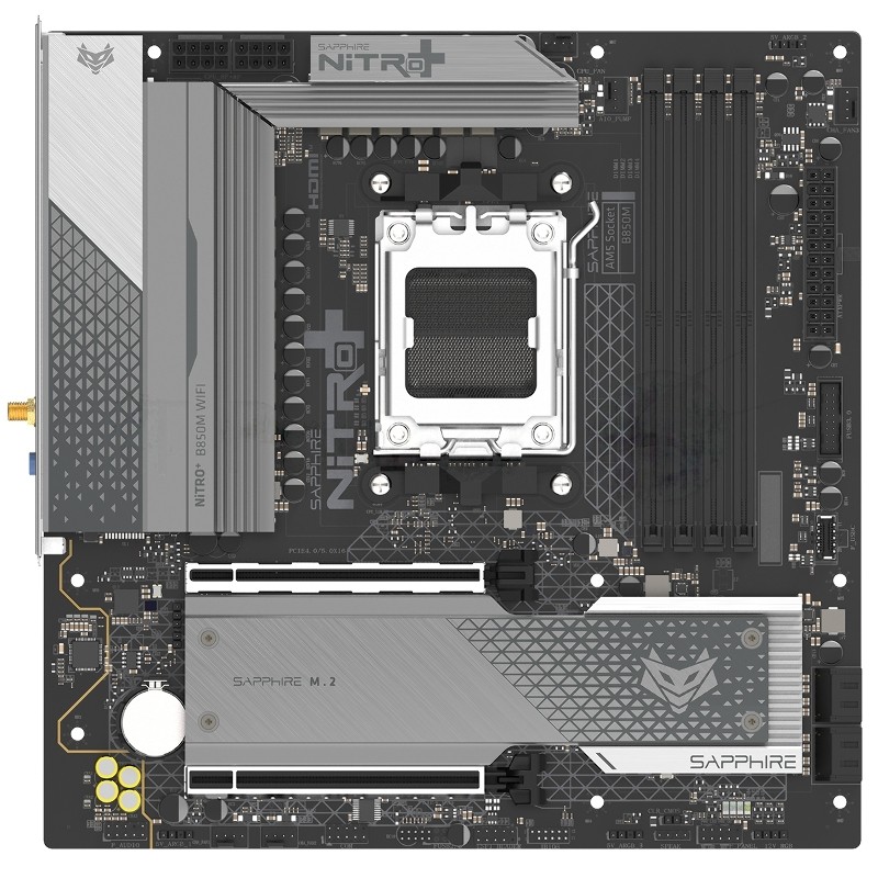 Материнская плата Sapphire B850M NITRO+ WIFI B850, AM5, 4*DDR5, 2*PCIEx16, 2*M.2, 2*TypeC, 3*USB3.2Gen2, 2*USB3.2Gen1, 6*USB2.0, 4*SATA3.0, 2.5G, DP, HDMI, M-ATX, RTL