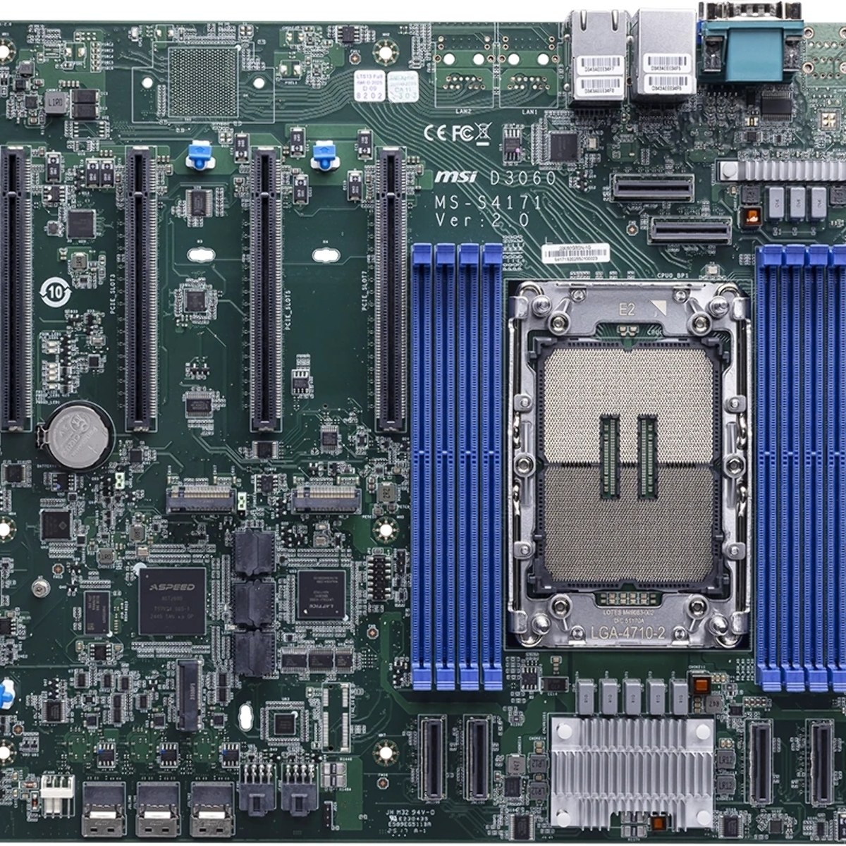 Серверная материнская плата MSI D3060-D3060GB2N-1G, 1xE2 (LGA 4710), Intel Xeon 6700E/6500P/6700P-Series, 8xDDR5 RDIMM (до 8000 МГц), 3xSlimSAS, 6xMCIO, 4xPCIe 5.0 x16, 2xM.2 22110, 2x1Gb LAN, AST2600 BMC, 2xUSB-A 5Gbps, 1xVGA, 1xCOM, RAID 0/1/5/10, SSI CEB