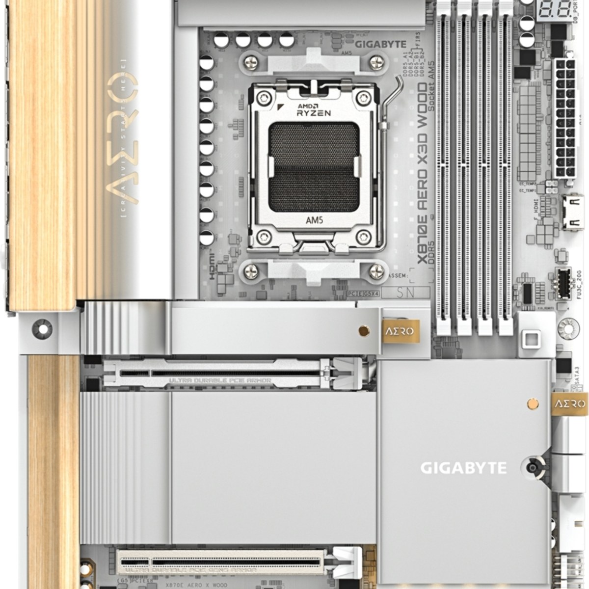 Материнская плата Gigabyte X870E AERO X3D WOOD, AM5, AMD X870E, 4xDDR5, 4xSATA, 4xM.2, 2xPCIe 5.0 x16, 1xPCIe 4.0 x16, 1xHDMI, 2x5Gb LAN, Wi-Fi 7, Bluetooth 5.4, 2xUSB-C 40Gbps (USB4), 1xUSB-C 20Gbps, 5xUSB-A 10Gbps, 3xUSB-A 5Gbps, 3x3.5 мм + S/PDIF оптический, 7.1, вставки из дерева, ATX