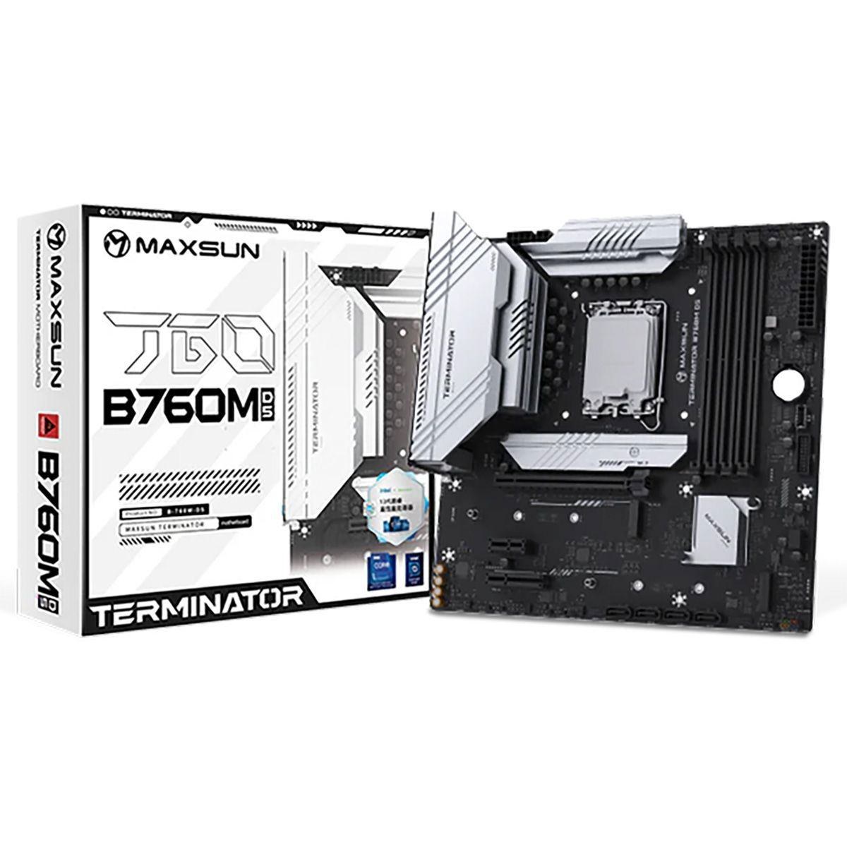 Материнская плата MAXSUN MS-Terminator B760M D5 V2, LGA1700, B760, 2*DDR5, 3*SATA3, 3*M.2, 2*USB 3.2, 6*USB 2.0, 1*PCIEx16, 1*PCIEx1, VGA+HDMI, mATX