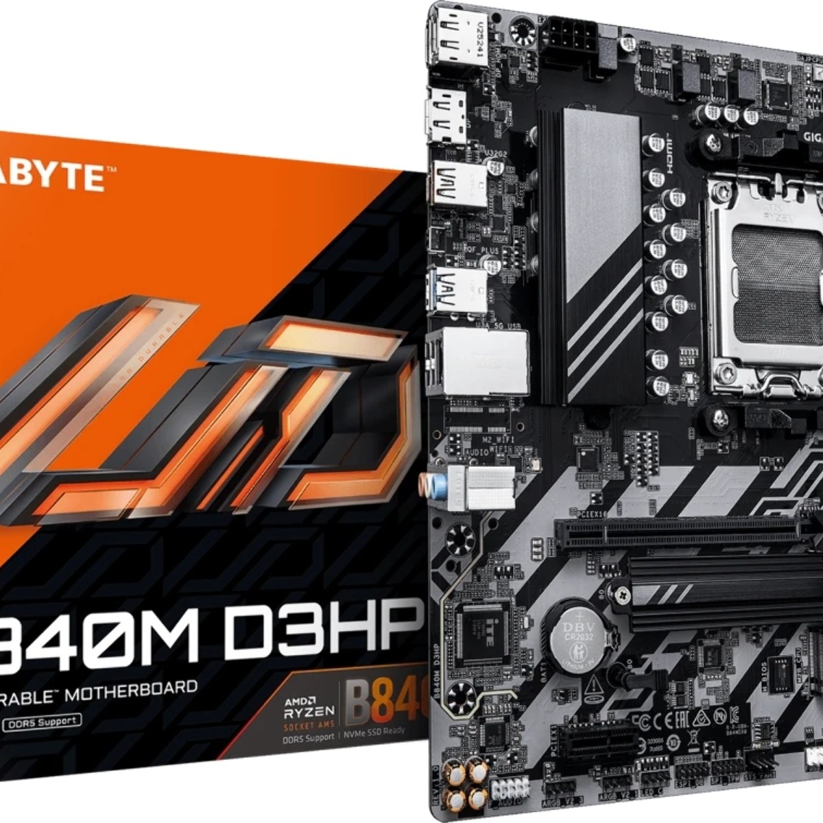 Материнская плата Gigabyte B840M D3HP, AM5, AMD B840, 4xDDR5, 4xSATA, 2xM.2, 1xPCIe 4.0 x16, 1xPCIe x1, 1xHDMI, 2xDP, 1x1Gb LAN, 1xUSB-C 5Gbps, 1xUSB-A 5Gbps, 1xUSB-A 10Gbps, 3xUSB-A 2.0, 3x3.5 мм, 7.1, mATX