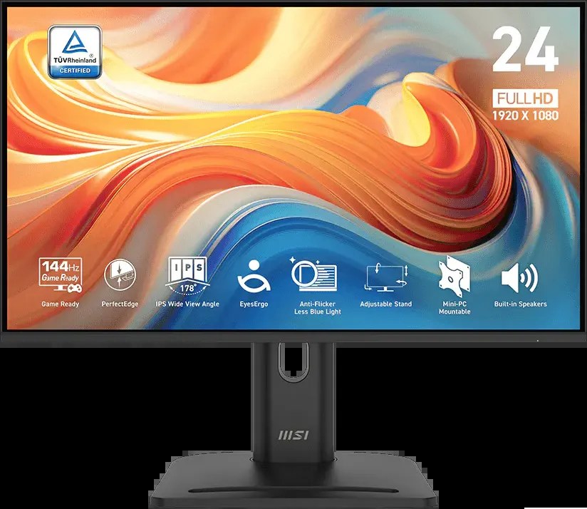 Монитор 24" MSI PRO MP245PG E14 IPS FHD, 144 Гц, 1 мс (MPRT), 16:9, 300 кд/м², HDMI 2.0, DP 1.2a, VGA, встроенные динамики (2x2 Вт), Adaptive-Sync, поворотная подставка, черный