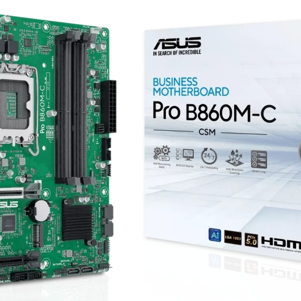 Материнская плата ASUS PRO B860M-C-CSM, LGA 1851, Intel B860, 4xDDR5, 4xSATA, 2xM.2, 1xPCIe 5.0 x16, 1xPCIe 4.0 x16, 1xPCIe 3.0 x1, 1xHDMI, 2xDP, 1x1Gb LAN, 1xUSB-C 10Gbps, 1xUSB-A 10Gbps, 2xUSB-A 2.0, 3x3.5 мм, 7.1, mATX