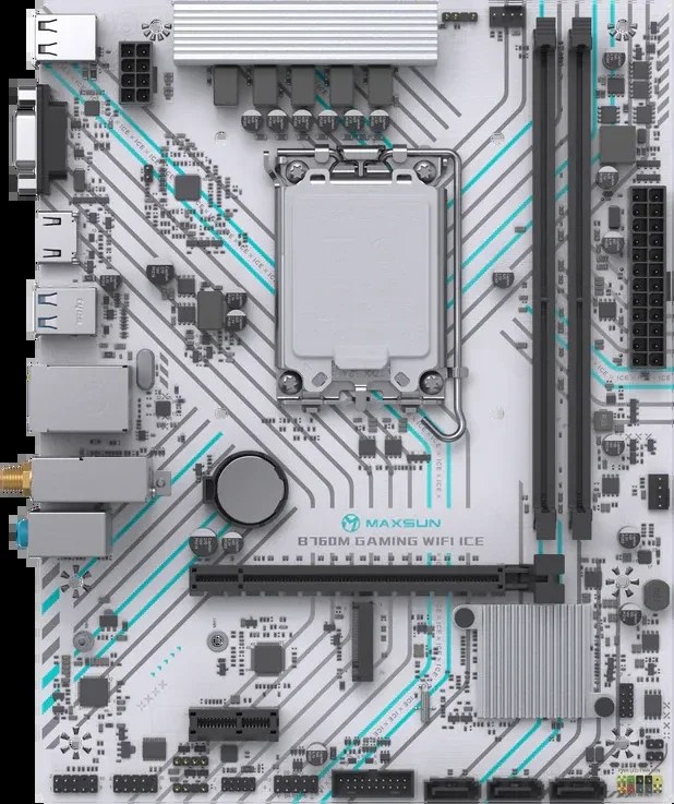 Материнская плата Maxsun B760M GAMING WIFI ICE, LGA 1700, Intel B760, 2xDDR4, 3xSATA, 1xM.2, 1xPCIe 4.0 x16, 1xPCIe x1, 1xVGA, 1xHDMI, 1x1Gb LAN, Wi-Fi 5, Bluetooth 4.2, 2xUSB-A 5Gbps, 4xUSB-A 2.0, 3x3.5 мм, 7.1, белый, mATX