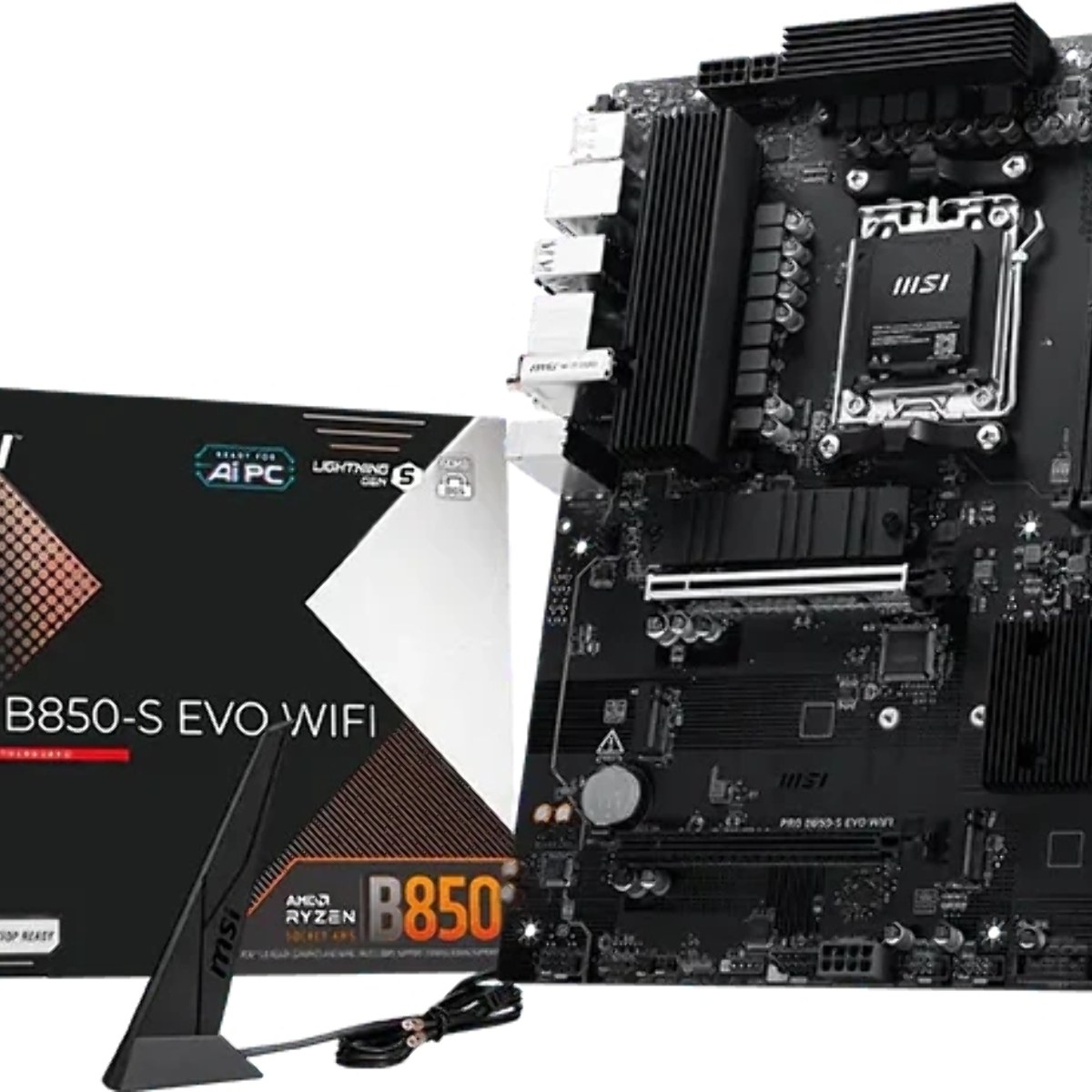 Материнская плата MSI PRO B850-S EVO WIFI, AM5, AMD B850, 4xDDR5 (до 256 ГБ), 4xSATA, 3xM.2 (1xPCIe 5.0, 2xPCIe 4.0), 1xPCIe 5.0 x16, 1xPCIe 4.0 x16, 1xHDMI, 1xDP, 1x5Gb LAN, Wi-Fi 7, Bluetooth 5.4, 1xUSB-C 10Gbps, 2xUSB-A 10Gbps, 2xUSB-A 5Gbps, 4xUSB-A 2.0, 3x3.5 мм, 7.1, чёрный, ATX