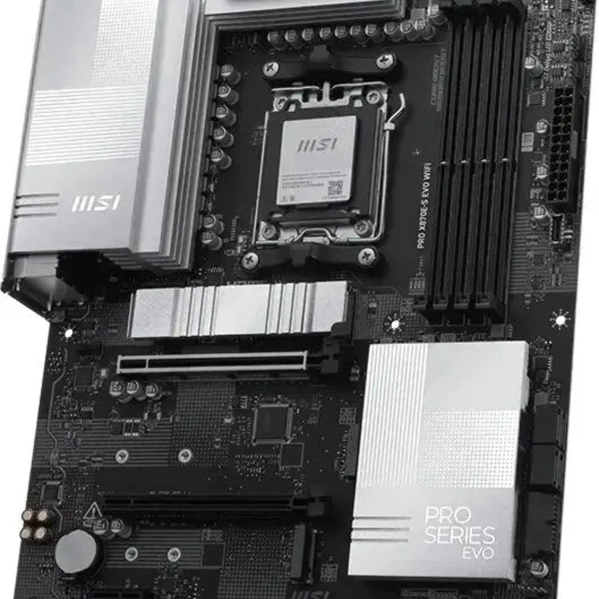 Материнская плата MSI PRO X870E-S EVO WIFI, AM5, AMD X870E, 4xDDR5 (до 256 ГБ), 4xSATA, 3xM.2 (1xPCIe 5.0, 2xPCIe 4.0), 1xPCIe 5.0 x16, 1xPCIe 4.0 x16, 1xPCIe x1, 1xHDMI, 1x5Gb LAN, Wi-Fi 7, Bluetooth 5.4, 1xUSB-C 40Gbps (USB4), 1xUSB-C 20Gbps, 2xUSB-A 10Gbps, 2xUSB-A 5Gbps, 4xUSB-A 2.0, 3x3.5 мм, 7