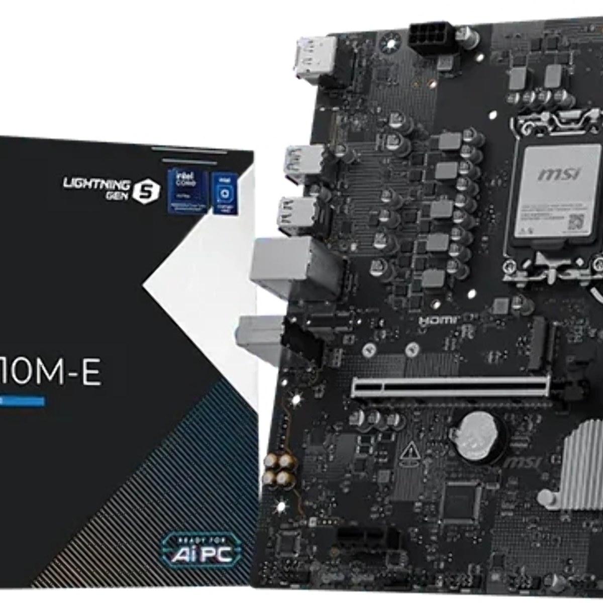 Материнская плата MSI PRO H810M-E, LGA 1851, Intel H810, 2xDDR5 (до 128 ГБ), 4xSATA, 1xM.2 (PCIe 4.0 x4), 1xPCIe 5.0 x16, 1xPCIe x1, 1xHDMI, 1xDP, 1x2.5Gb LAN, 2xUSB-A 5Gbps, 4xUSB-A 2.0, 3x3.5 мм, 7.1, чёрный, mATX