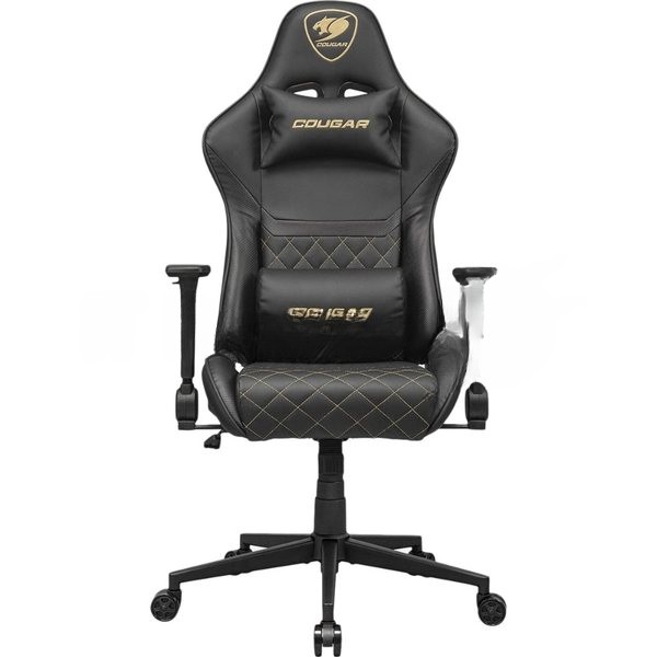 Кресло Cougar Armor One V2 Gold чёрный, экокожа, 120 кг, подголовник, регулируемые подлокотники, механизм качания